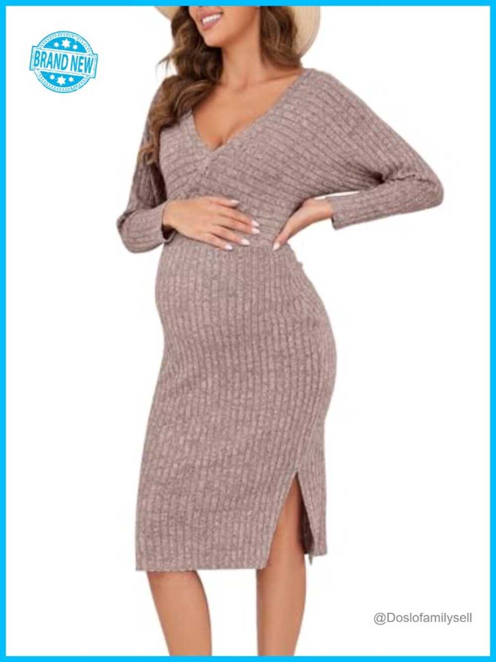 Wrap V Neck Maternity Sweater Dress Rib Knit Batwing Long Sleeve Baby Shower